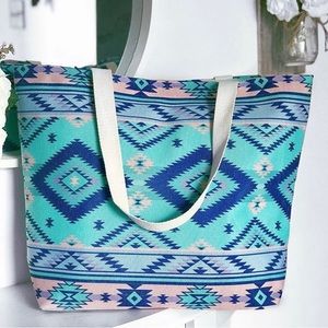 Aztec Patterned Tote Bag - Blue and Cream